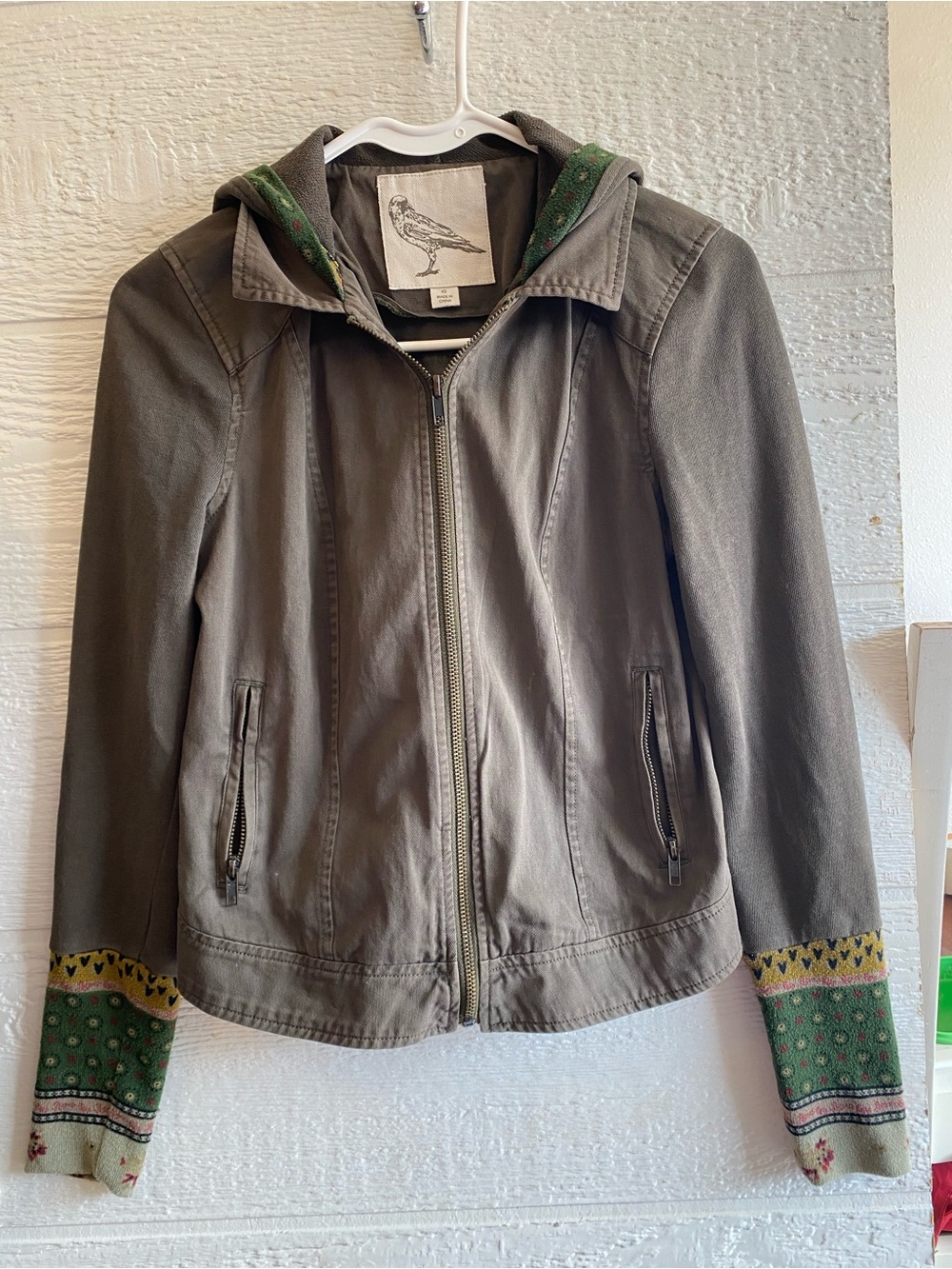 White Crow Olive Green Hooded Zip Jacket with Patterned Cuffs